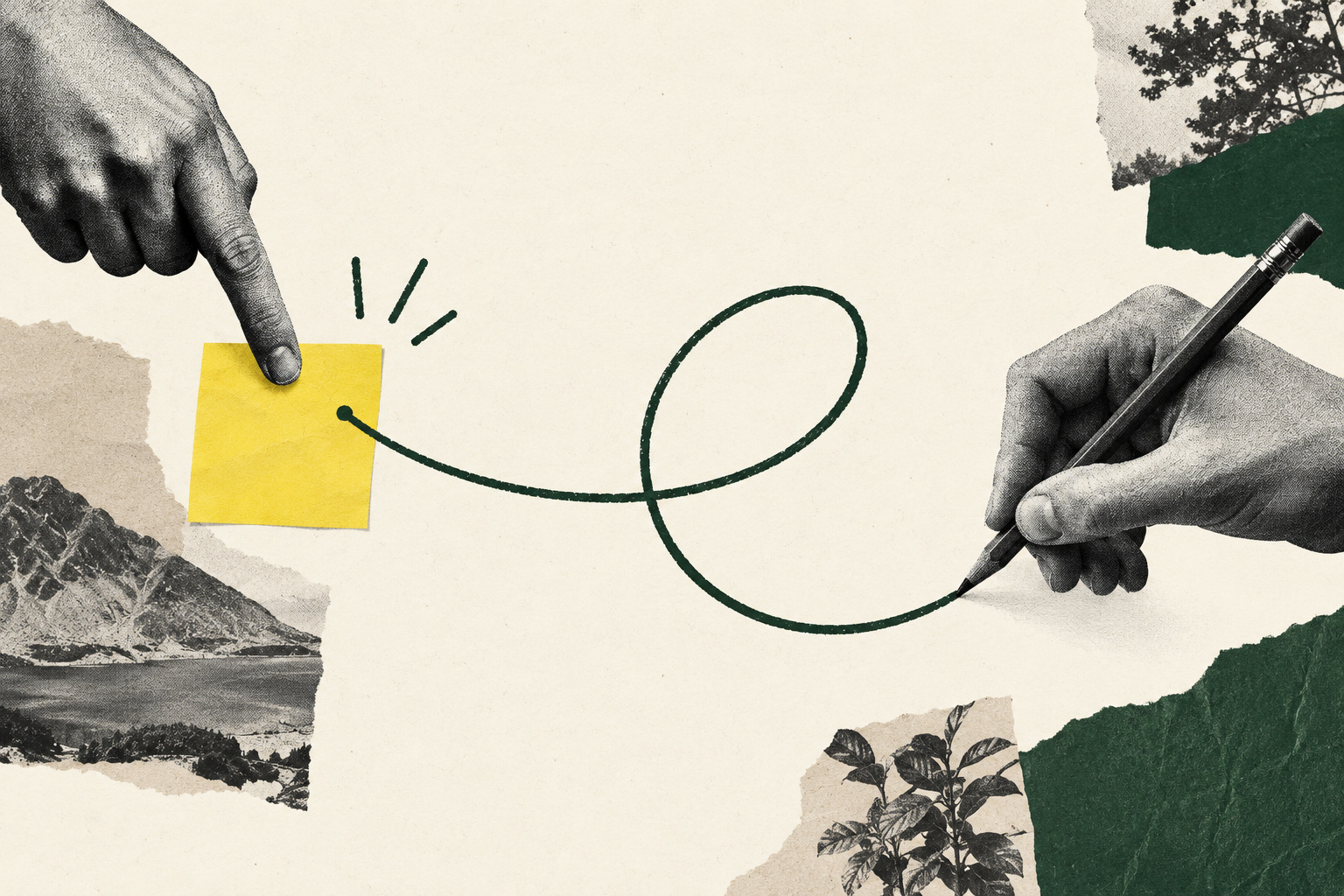 Two hands, a pencil and a note connected by a hand-drawn line